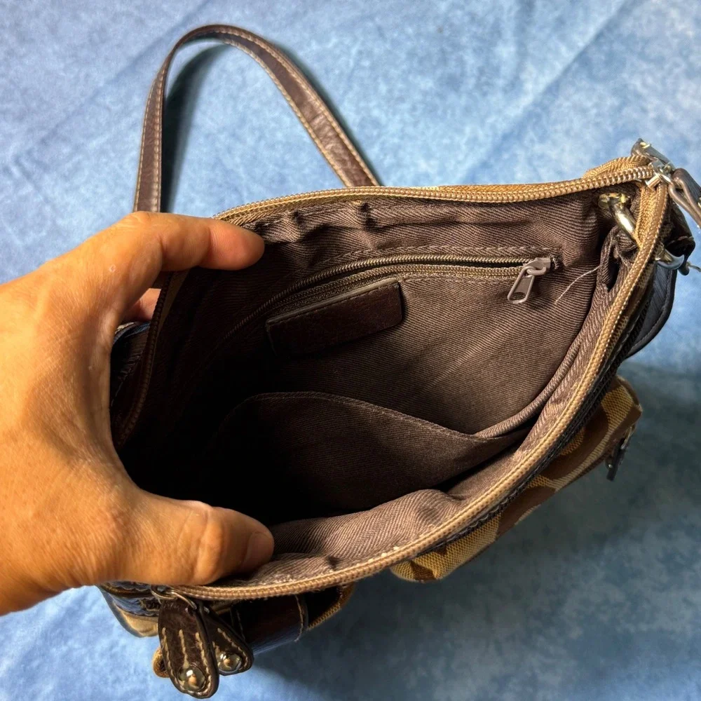 Y2K Brown Tan Swirl Crossbody Shoulder Bag Multi Pocket Organizer Purse